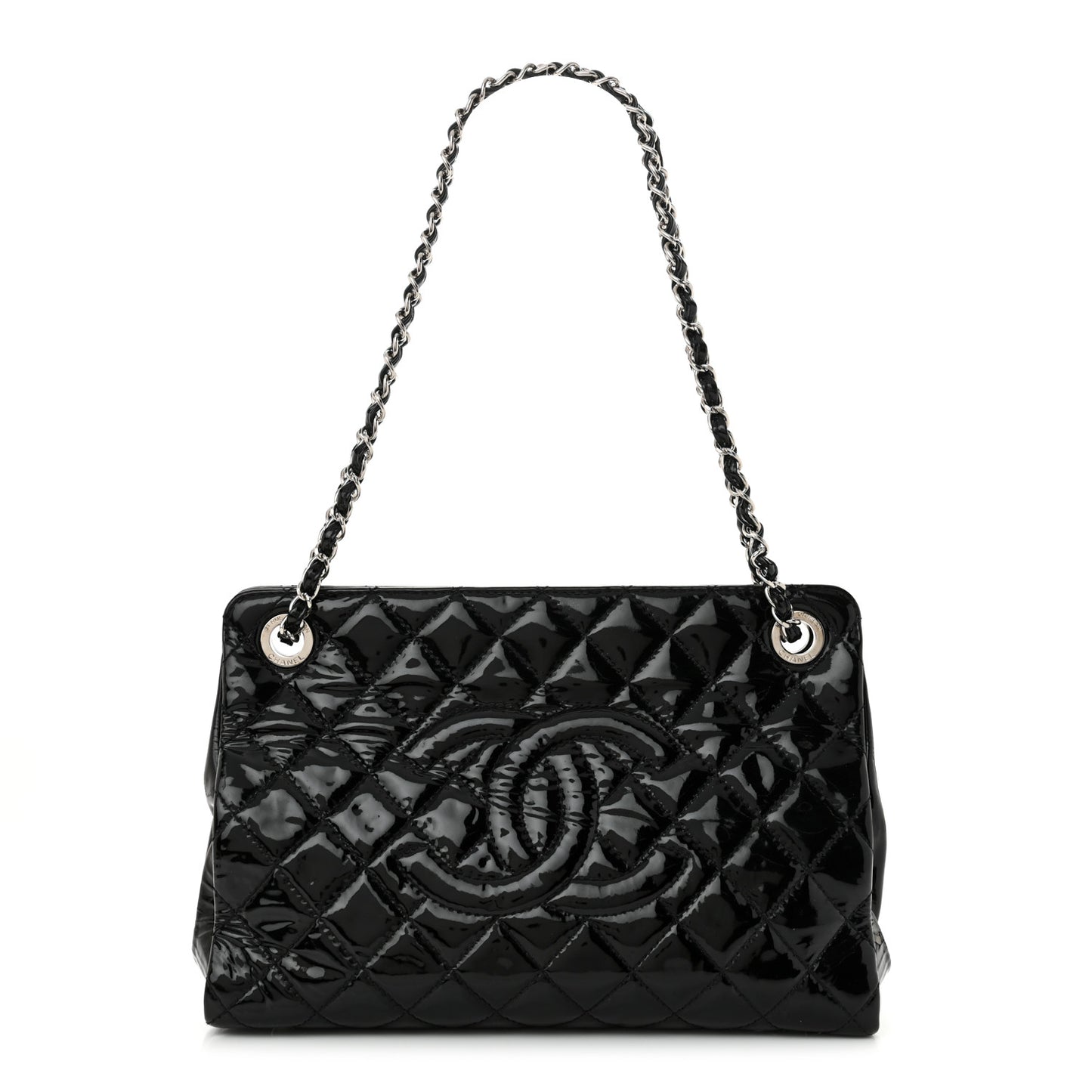 Patent Quilted Timeless CC Shopping Tote Black