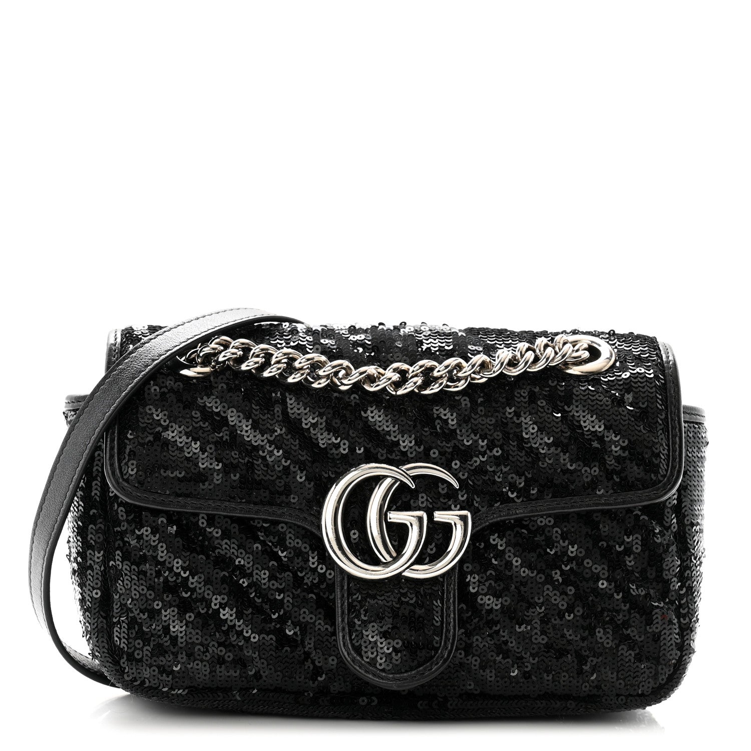 Gucci Sequin Matelasse Diagonal Mini GG Marmont Shoulder Bag Black 1 of 12