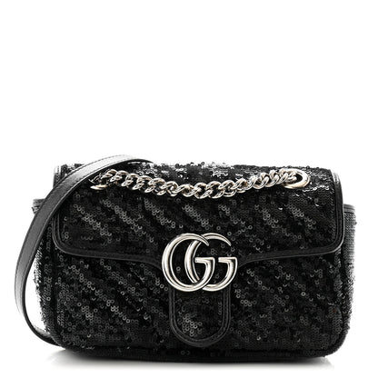 Gucci Sequin Matelasse Diagonal Mini GG Marmont Shoulder Bag Black 1 of 12