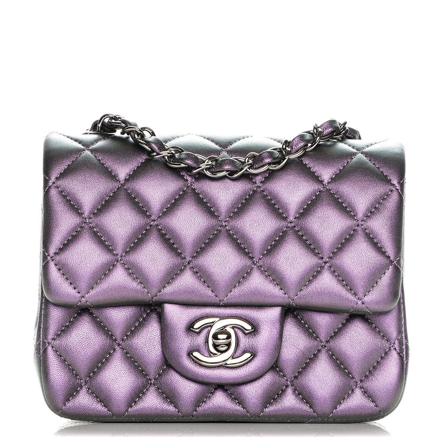 Iridescent Lambskin Quilted Mini Square Flap Dark Purple