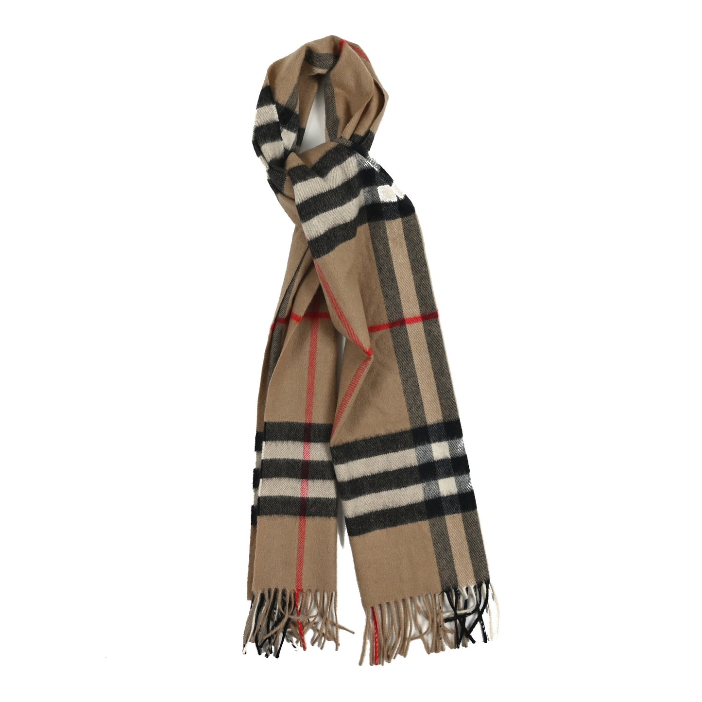 Cashmere Giant Check Fringe Scarf Camel