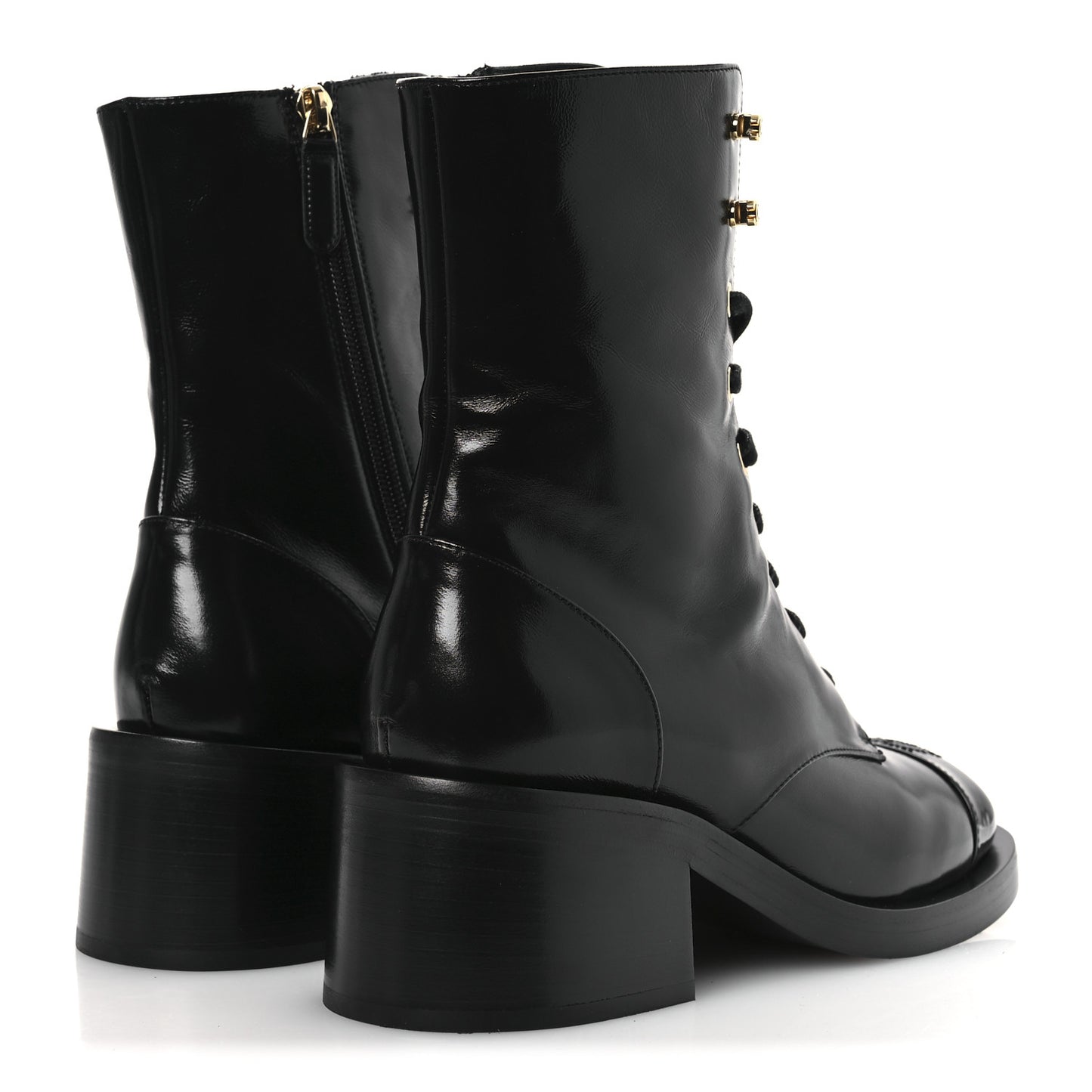 Shiny Calfskin Patent Cap Toe Lace Up Combat Boots 38 Black