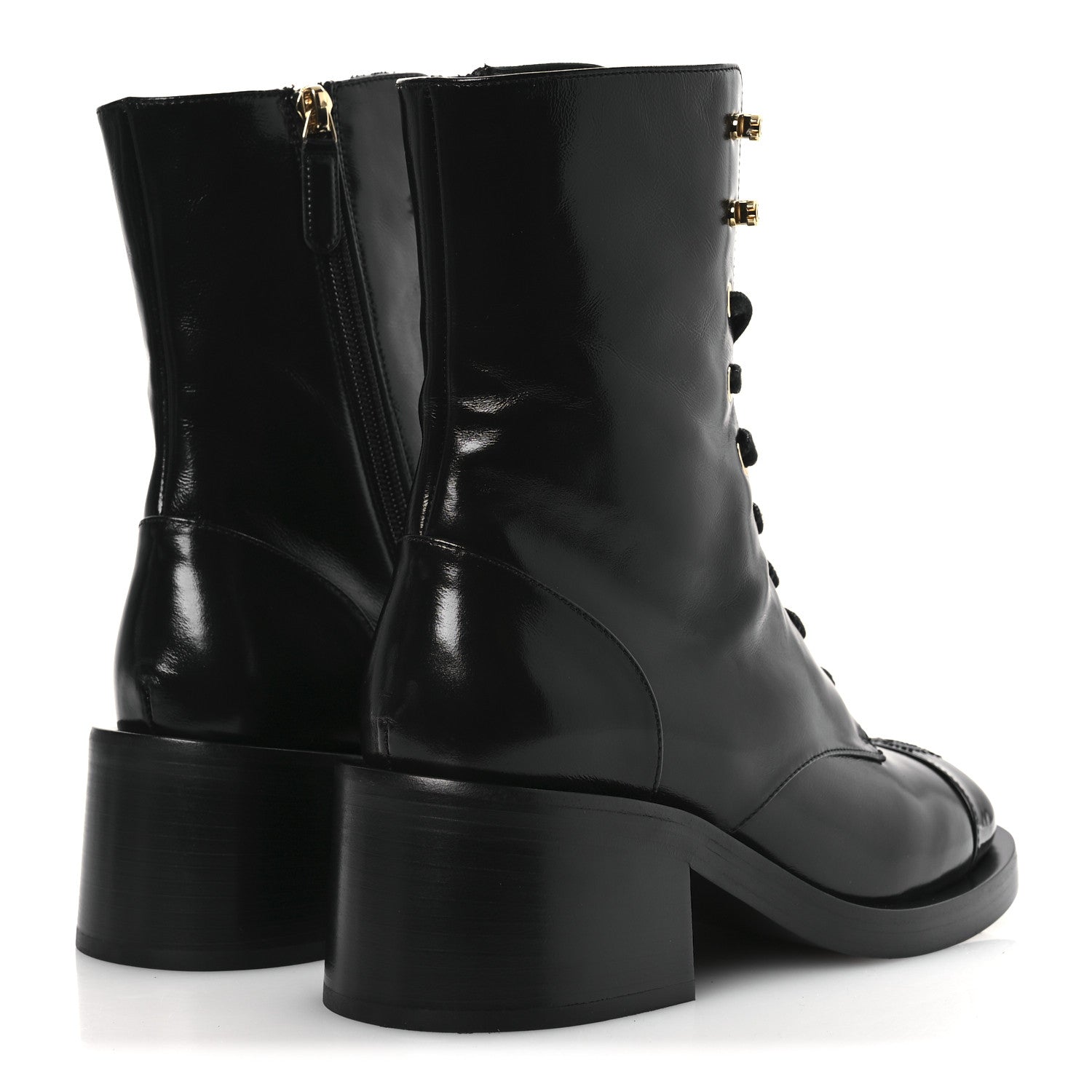 Chanel Shiny Calfskin Patent Cap Toe Lace Up Combat Boots 38 Black 5 of 12