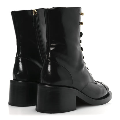 Chanel Shiny Calfskin Patent Cap Toe Lace Up Combat Boots 38 Black 5 of 12