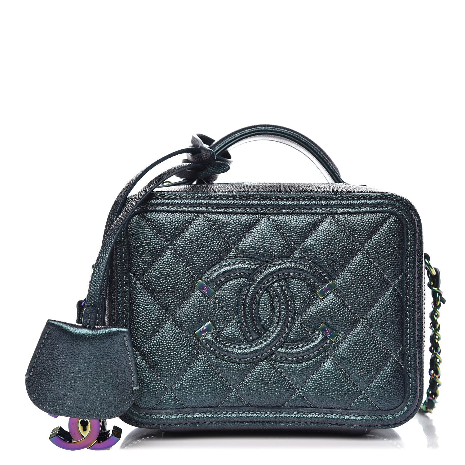Chanel Iridescent Caviar Quilted Small CC Filigree Vanity Case Dark Turquoise 1 of 9