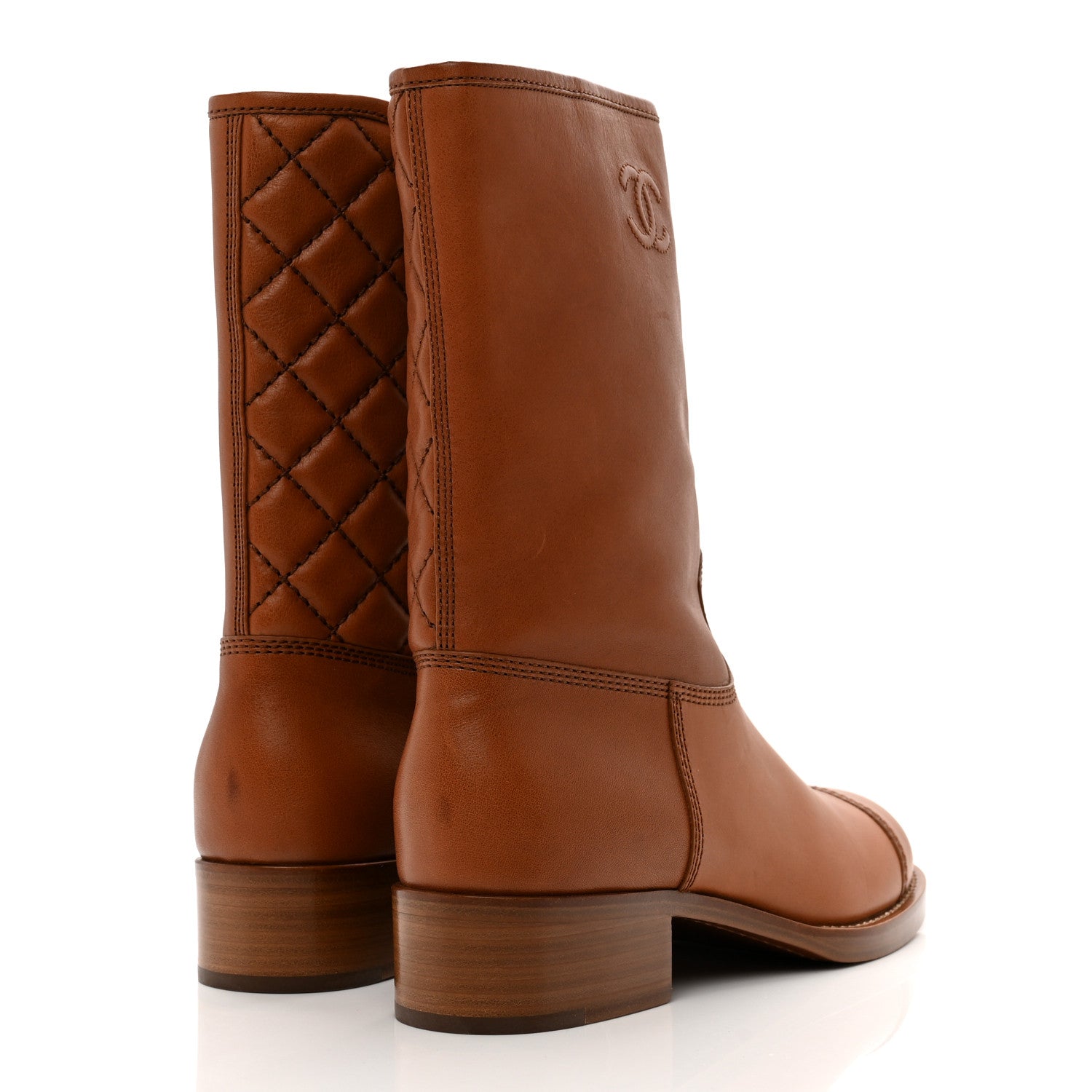 Chanel Calfskin CC Logo Mid Calf Boots 38.5 Caramel 4 of 8
