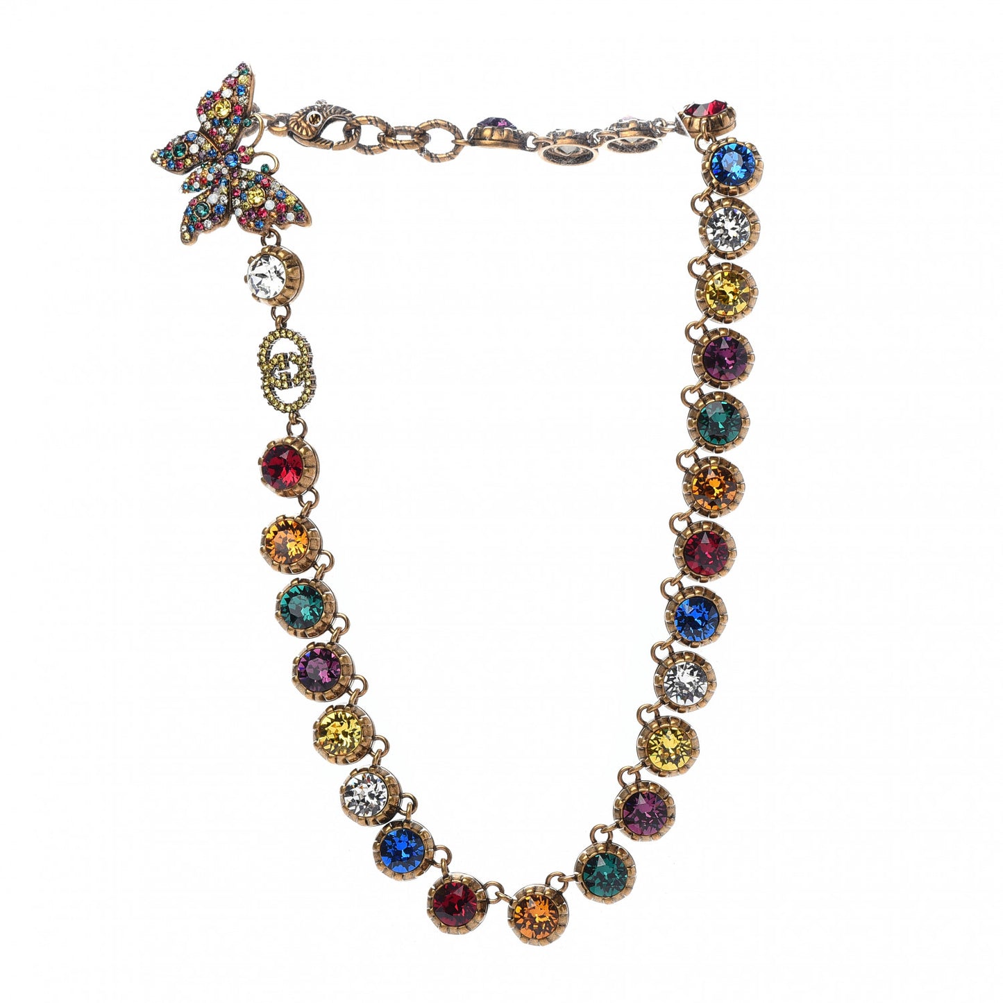 Crystal Butterfly Necklace Aged Gold Multicolor