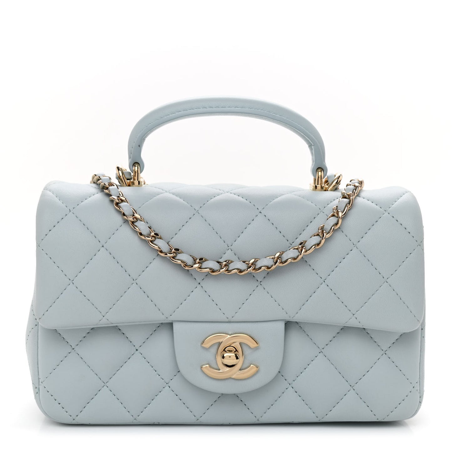 Lambskin Quilted Mini Top Handle Rectangular Flap Light Blue