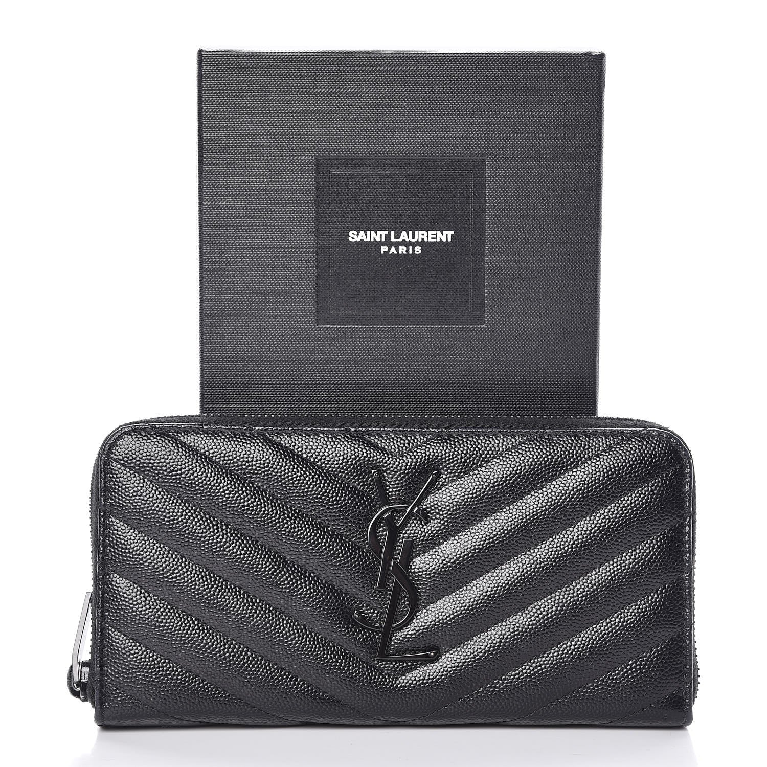 Saint Laurent Grain De Poudre Matelasse Chevron Monogram Zip Around Wallet Black 11 of 11
