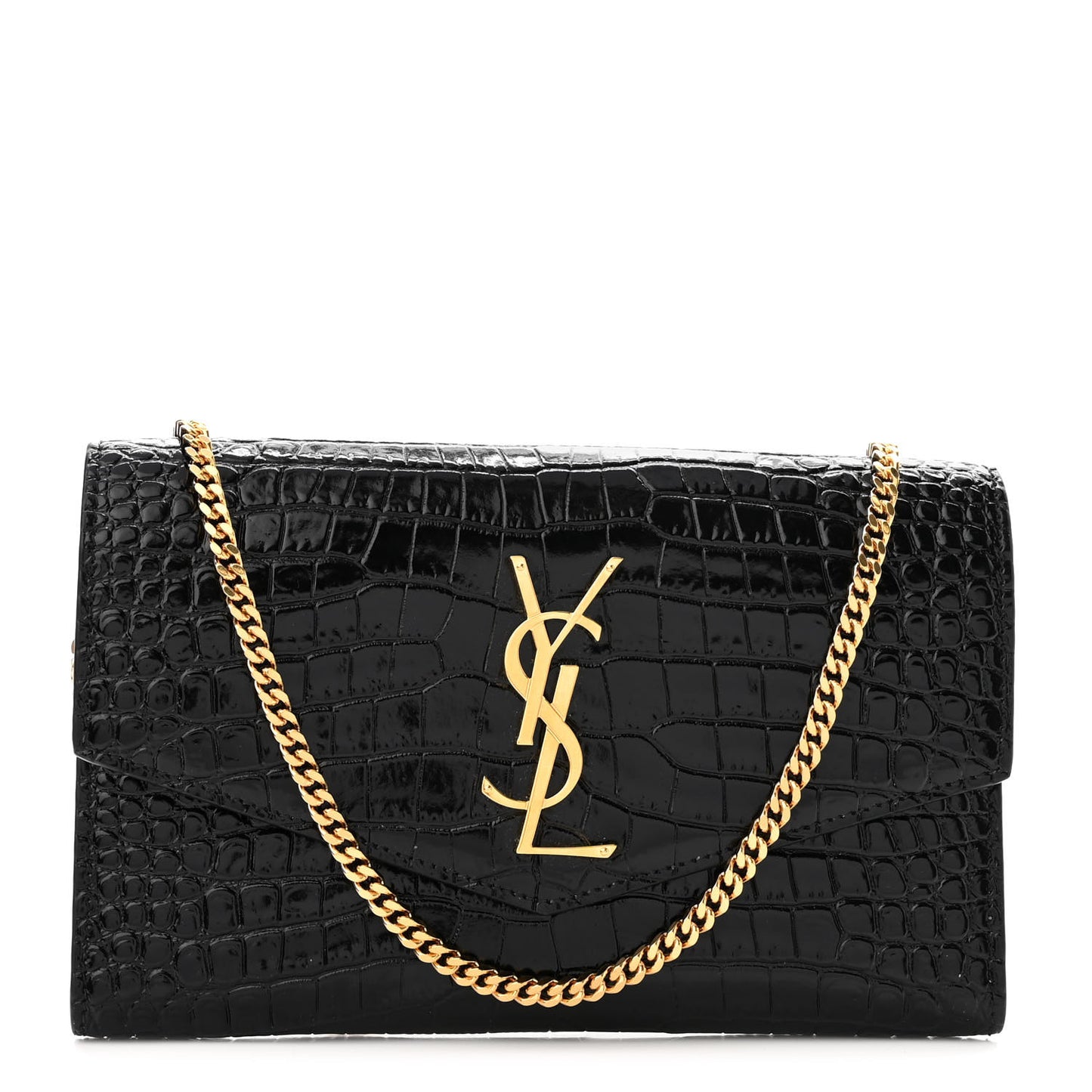 Calfskin Crocodile Embossed Monogram Uptown Chain Wallet Black
