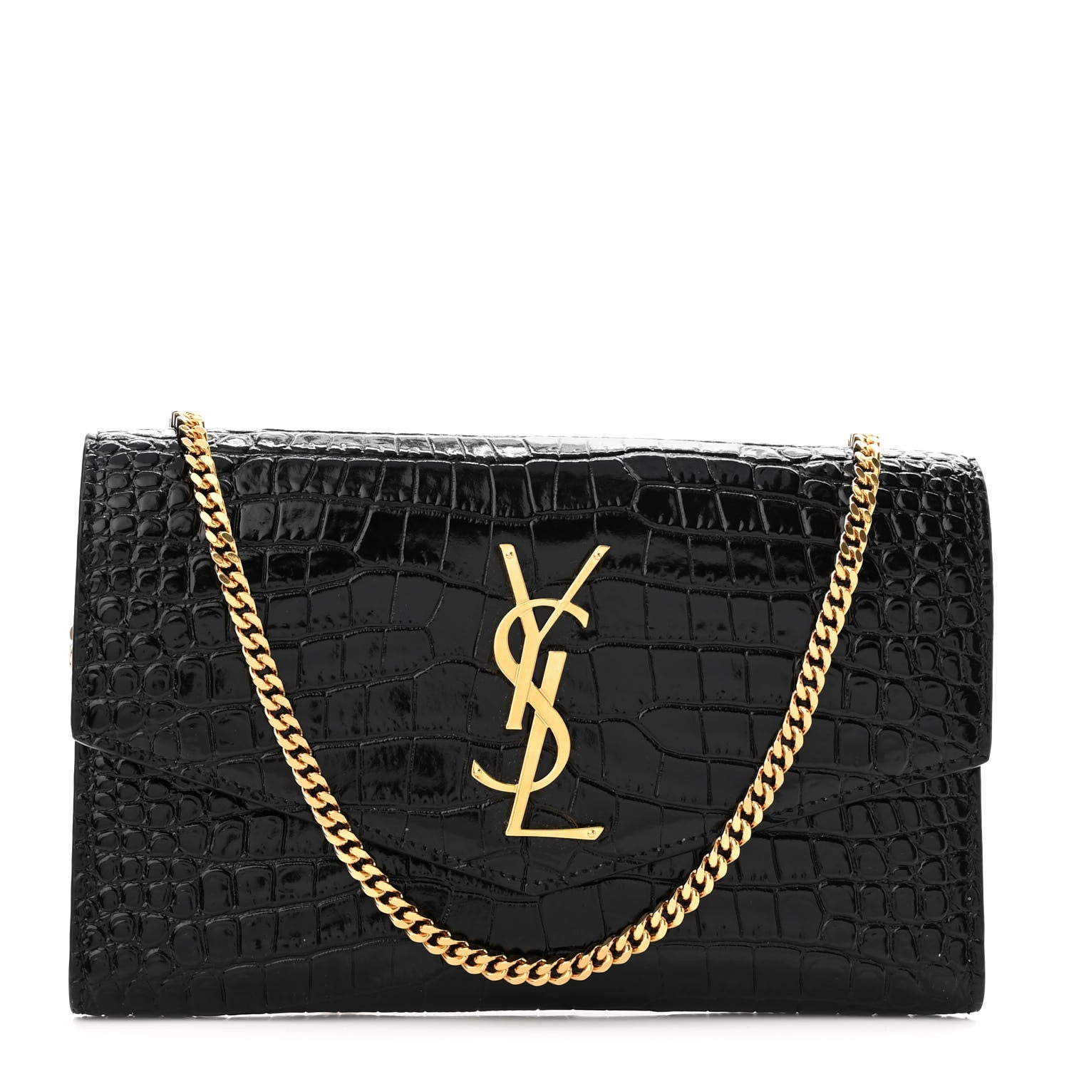 Saint Laurent Calfskin Crocodile Embossed Monogram Uptown Chain Wallet Black 3 of 12