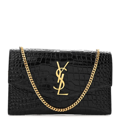 Saint Laurent Calfskin Crocodile Embossed Monogram Uptown Chain Wallet Black 3 of 12