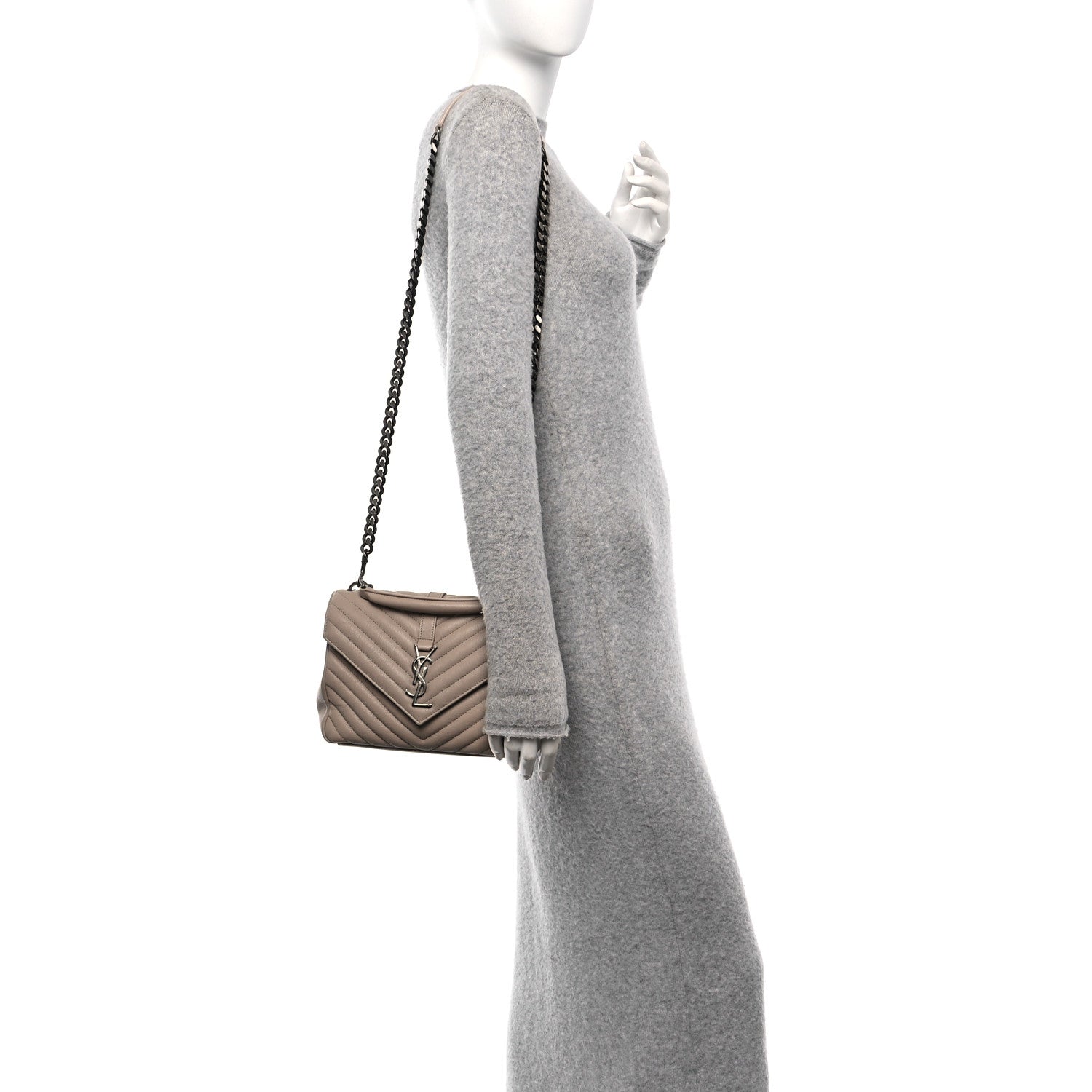 Saint Laurent Sheepskin Matelasse Chevron Monogram Medium College Bag Dark Beige 2 of 13