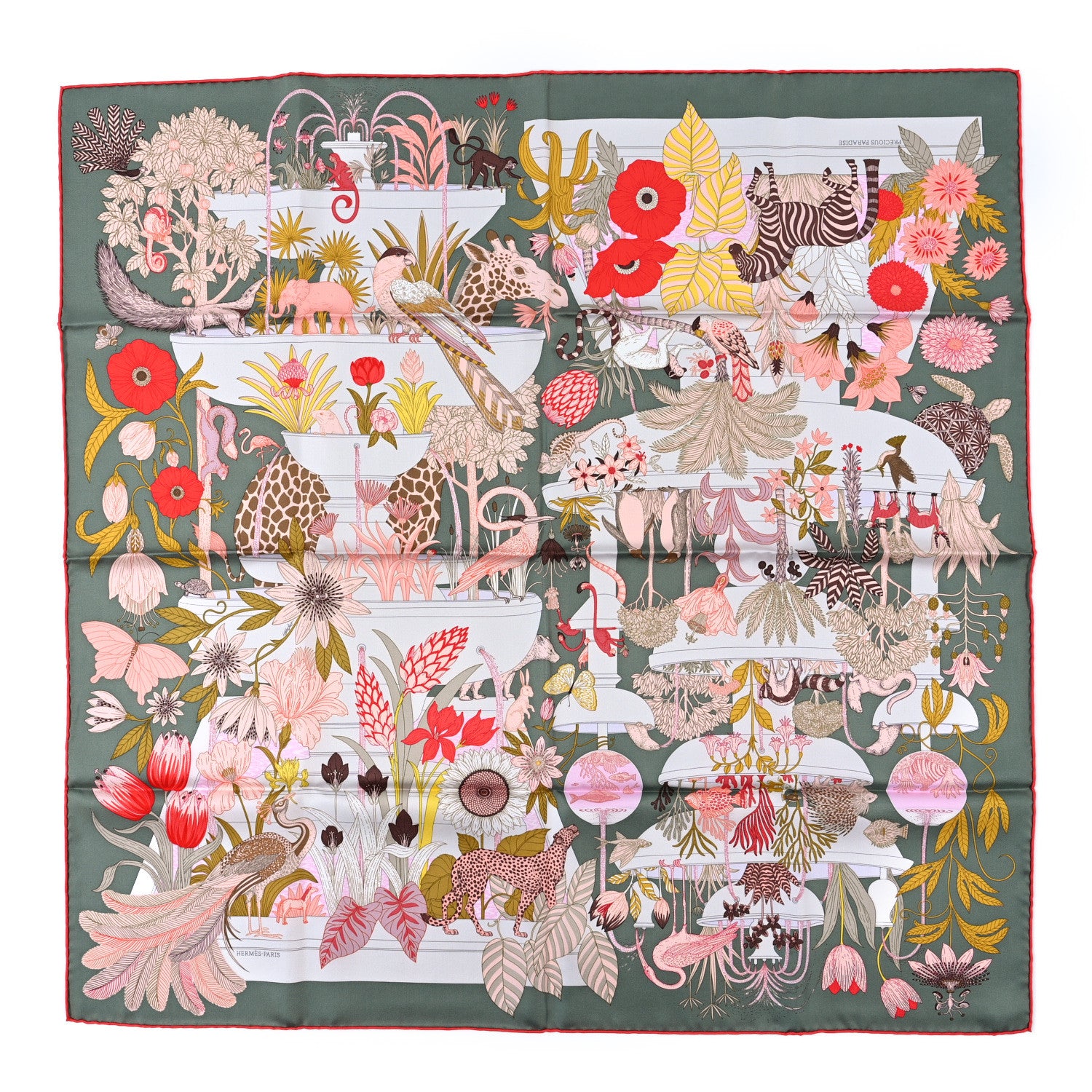 Hermes Silk Twill Precious Paradise Scarf 90 Kaki Rose Rouge 1 of 3