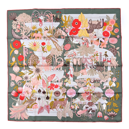 Hermes Silk Twill Precious Paradise Scarf 90 Kaki Rose Rouge 1 of 3