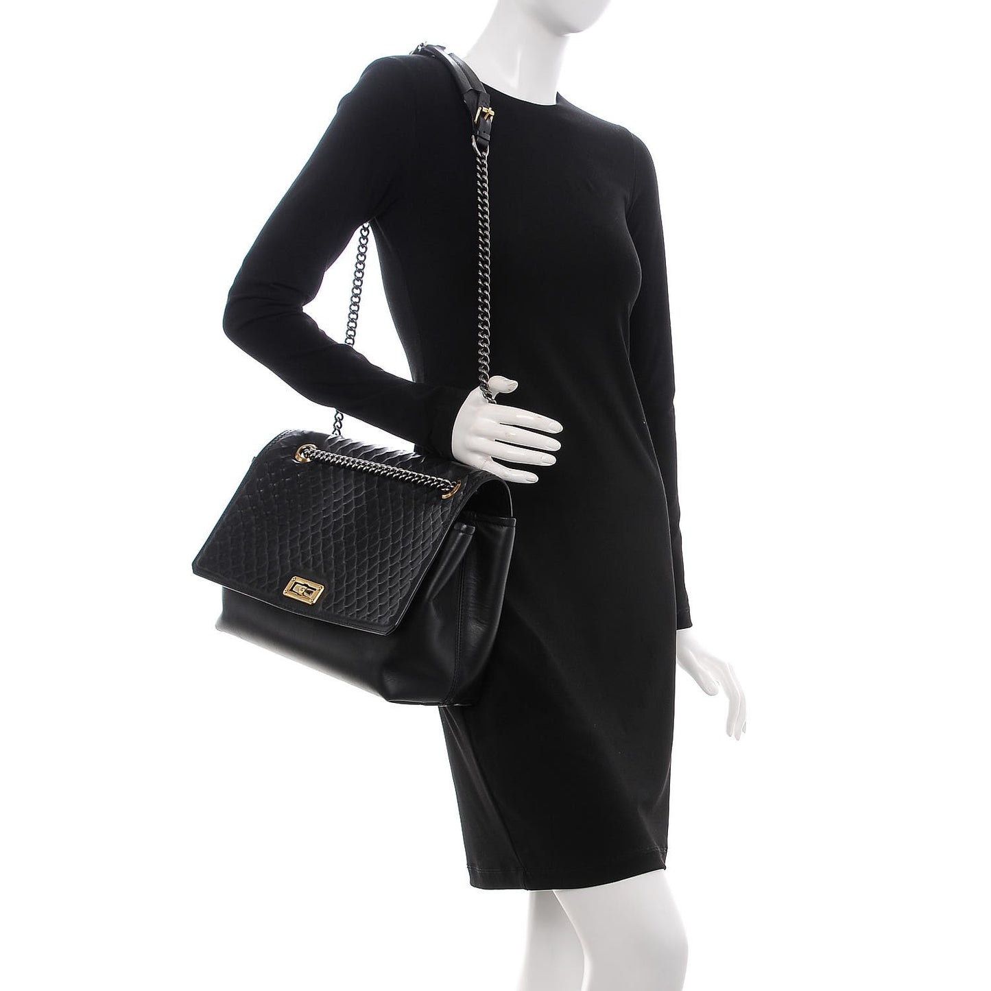 Hammered Calfskin Large Happy Edgy Shoulder Bag Black