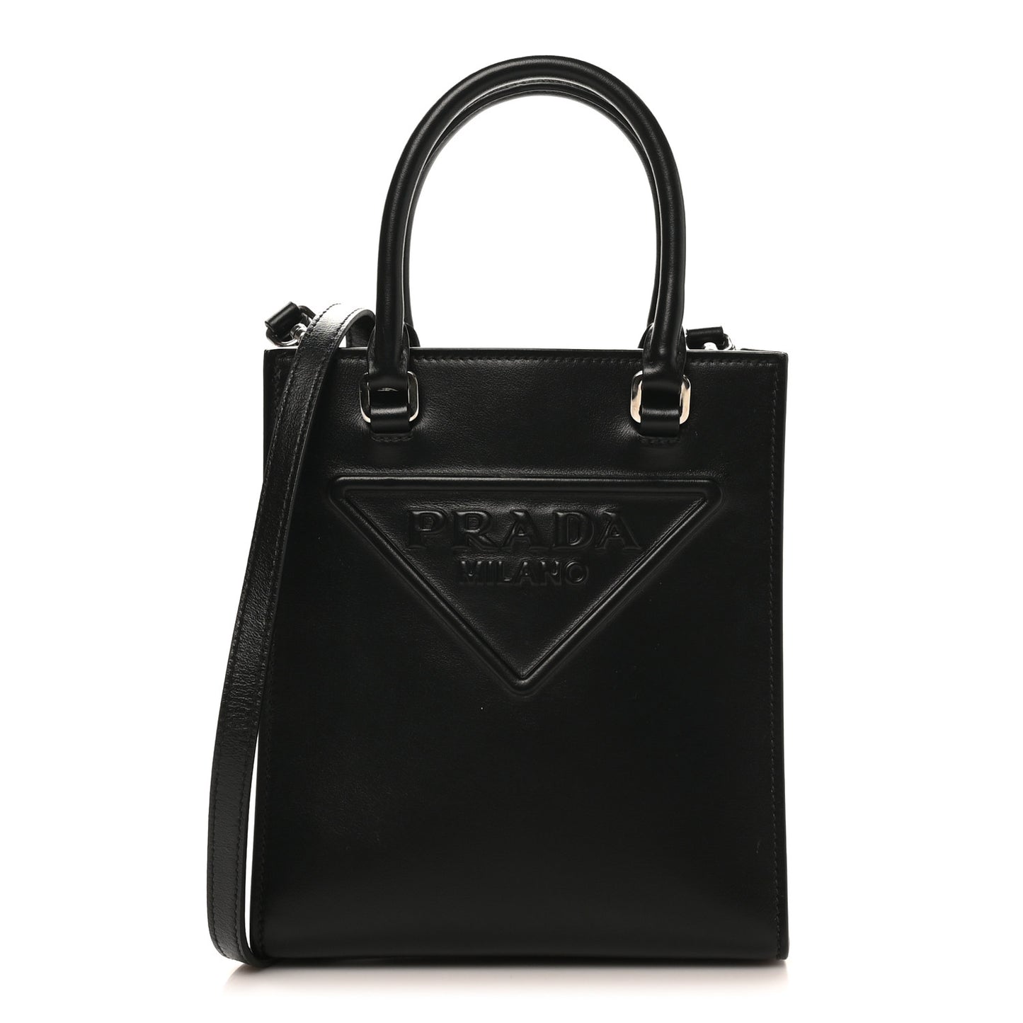 Soft Calfskin Triangle Logo Embossed Small Double Handle Crossbody Tote Black