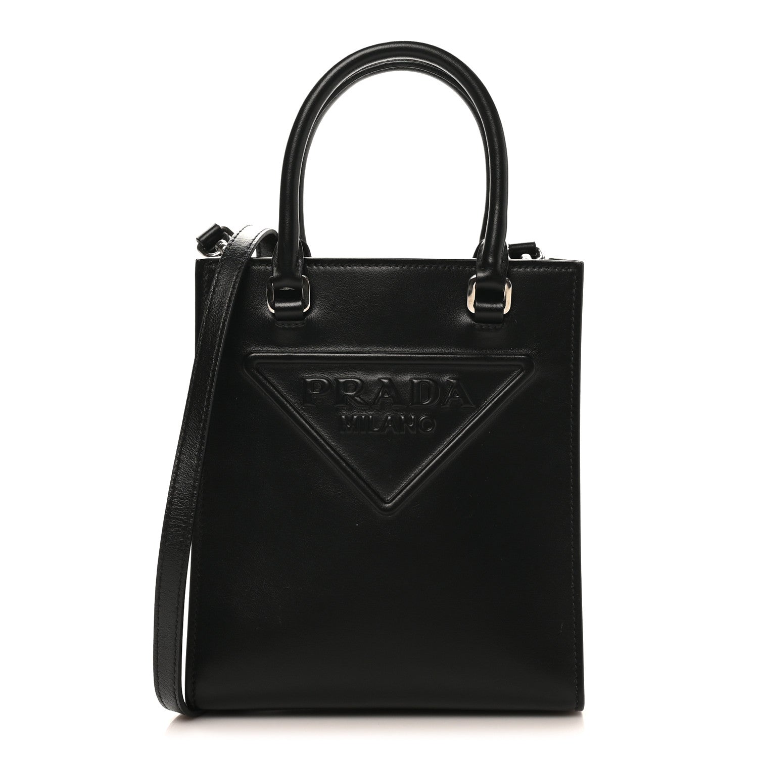Prada Soft Calfskin Triangle Logo Embossed Small Double Handle Crossbody Tote Black 1 of 9
