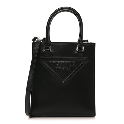 Prada Soft Calfskin Triangle Logo Embossed Small Double Handle Crossbody Tote Black 1 of 9