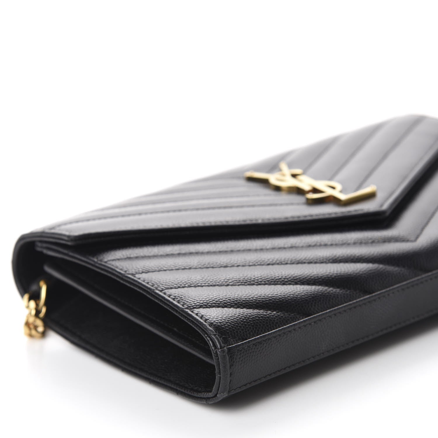 Saint Laurent Grain De Poudre Matelasse Chevron Monogram Chain Wallet Black 6 of 12
