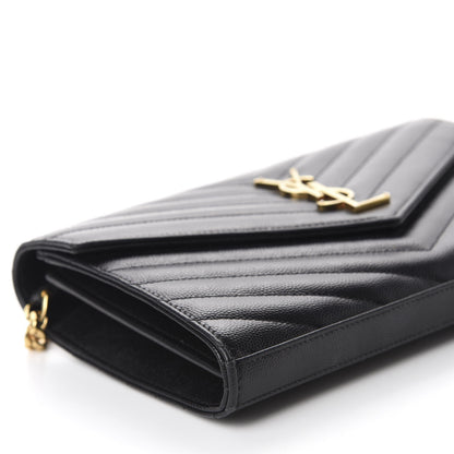 Saint Laurent Grain De Poudre Matelasse Chevron Monogram Chain Wallet Black 6 of 12