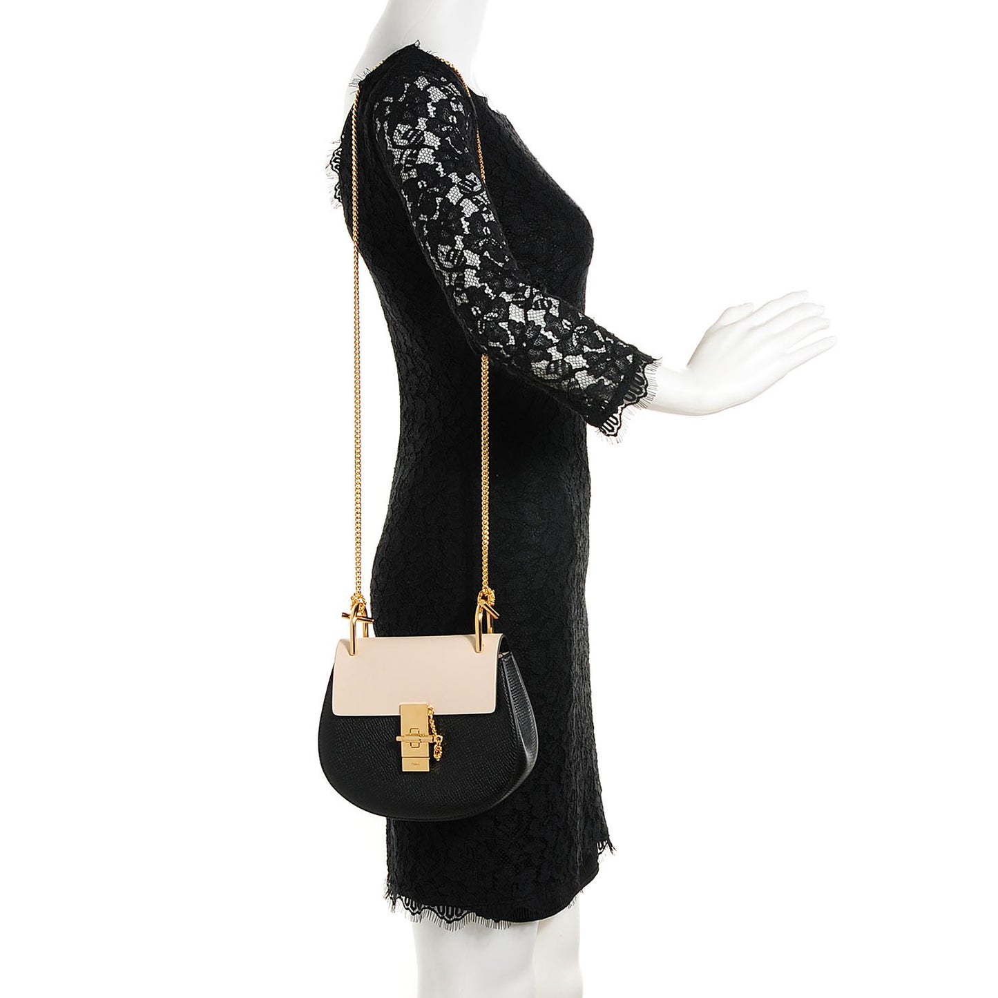 Grained Calfskin Lambskin Mini Bi-Color Drew Shoulder Bag Black Powder Beige