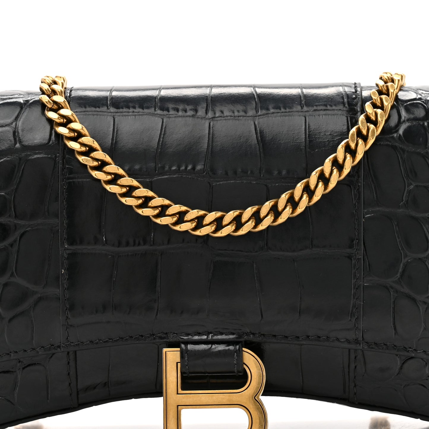 Shiny Calfskin Crocodile Embossed Hourglass Chain Bag Black