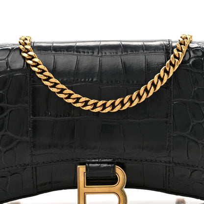 Balenciaga Shiny Calfskin Crocodile Embossed Hourglass Chain Bag Black 8 of 10