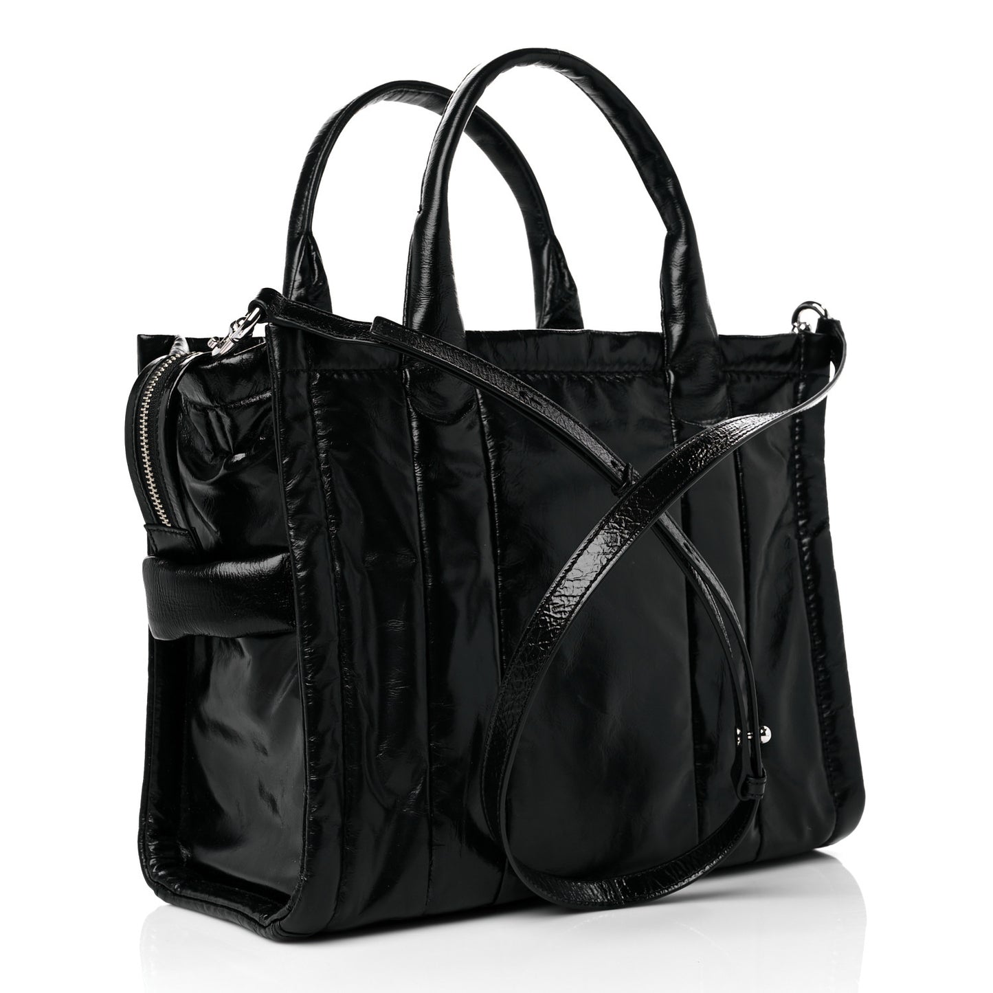 Shiny Crinkled Calfskin Small The Tote Bag Black