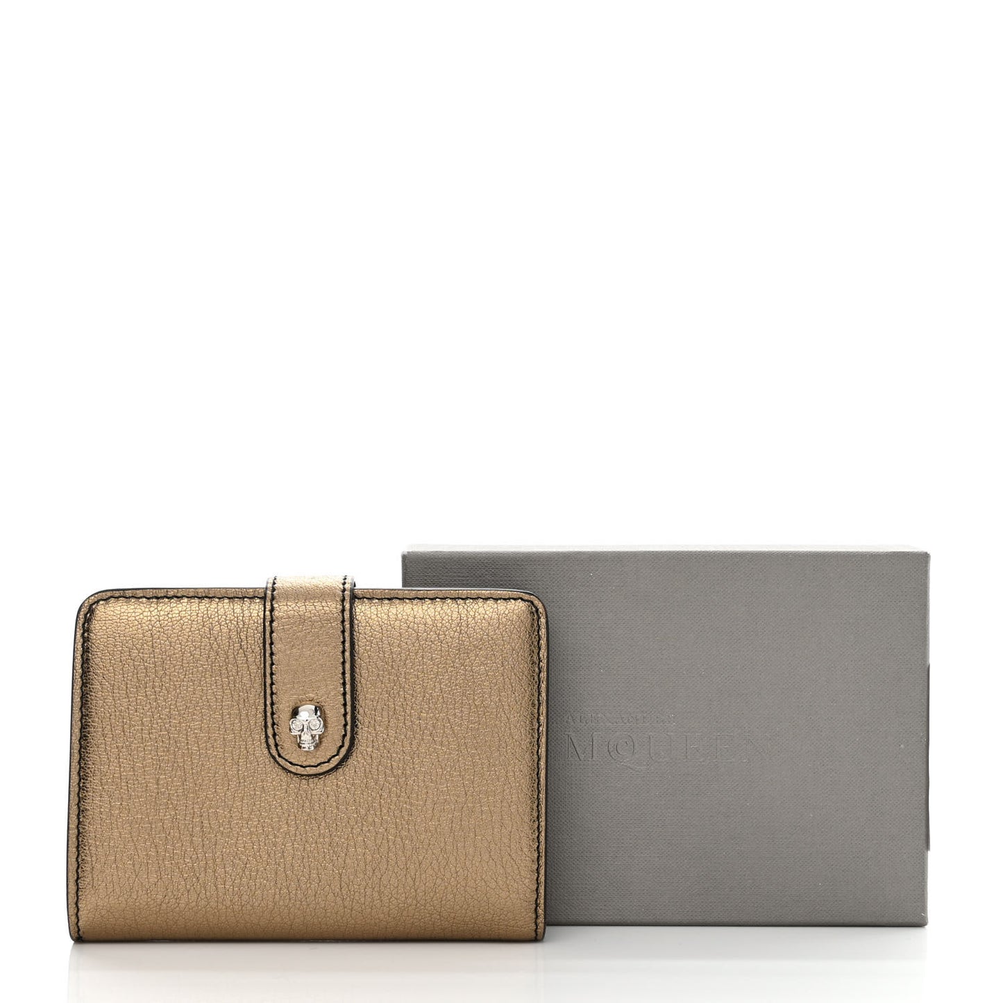Metallic Calfskin Skull French Wallet Gold