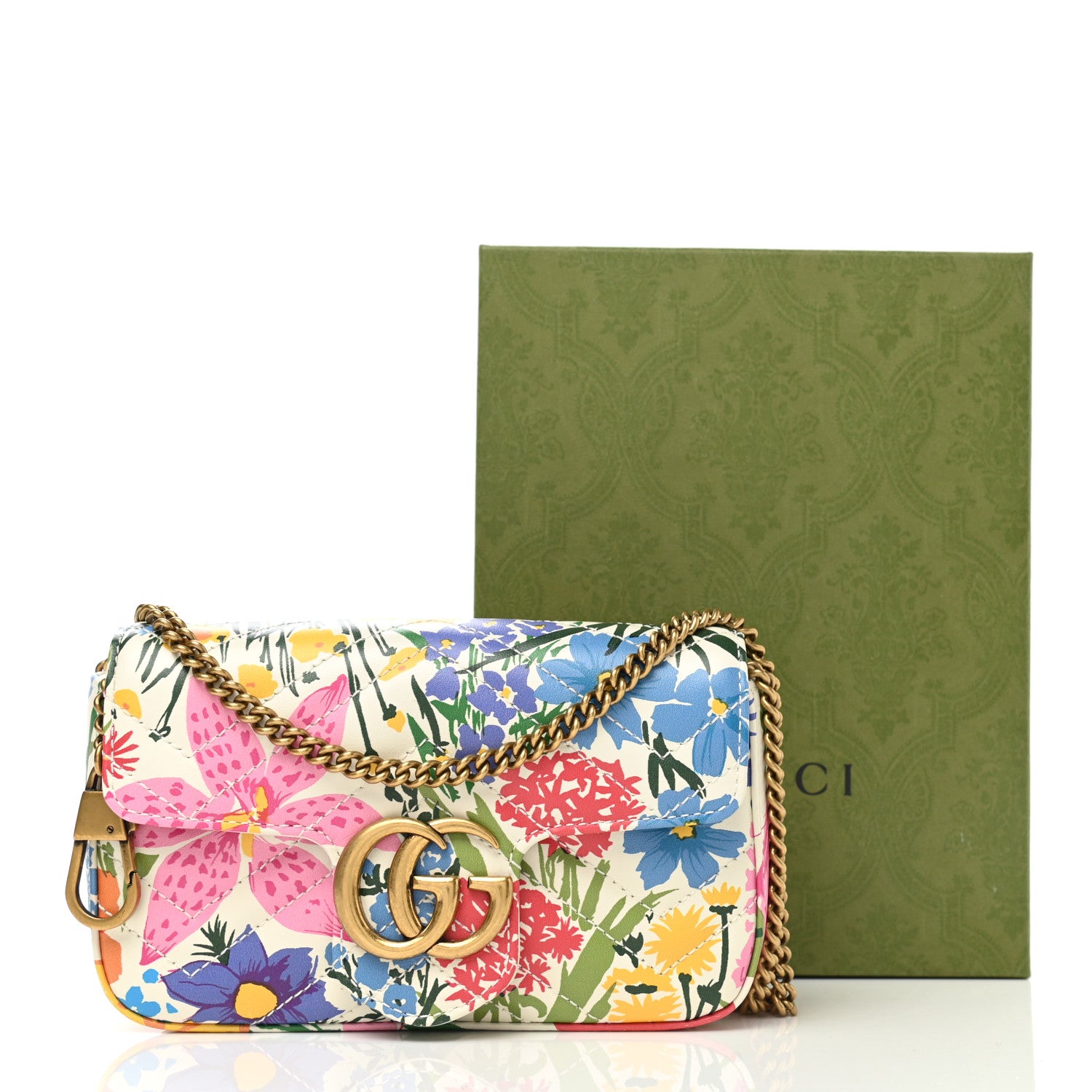 Gucci X KEN SCOTT Calfskin Matelasse Floral Print Super Mini GG Marmont Shoulder Bag Ivory Pink 11 of 11