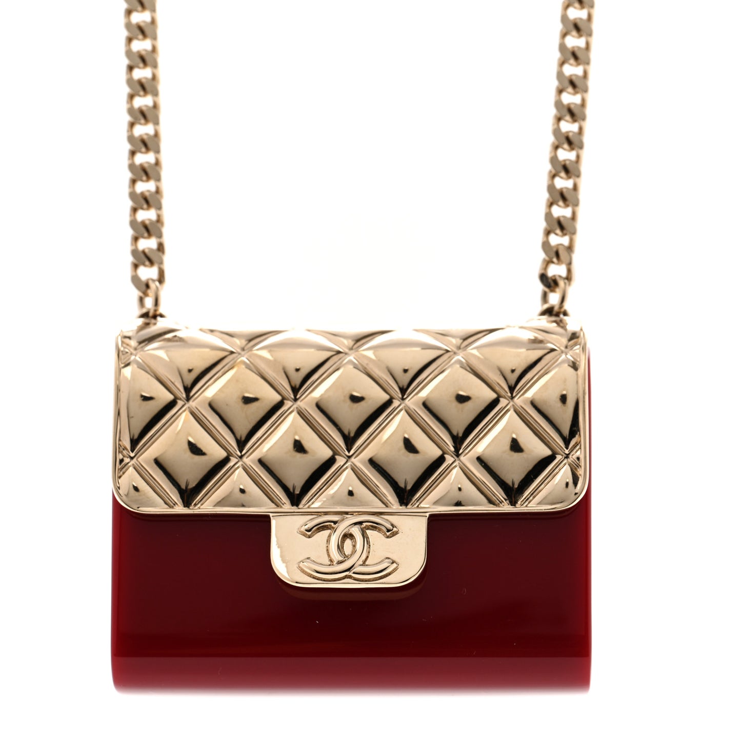 Metal Resin Flap Bag Long Necklace Gold Red