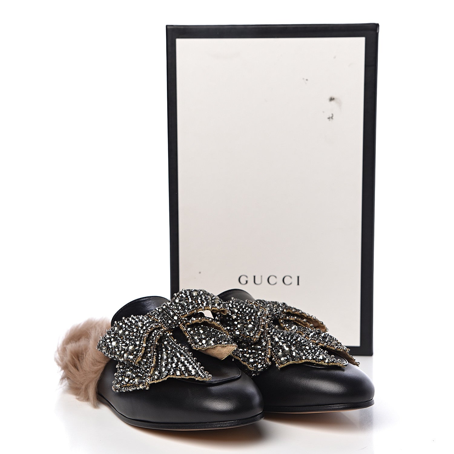 Gucci Malaga Kid Fur Crystal Bow Embroidered Womens Princetown Slippers 38.5 Black 9 of 9