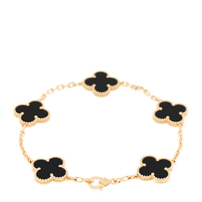 Van Cleef & Arpels 18K Yellow Gold Black Onyx 5 Motifs Vintage Alhambra Bracelet 2 of 5
