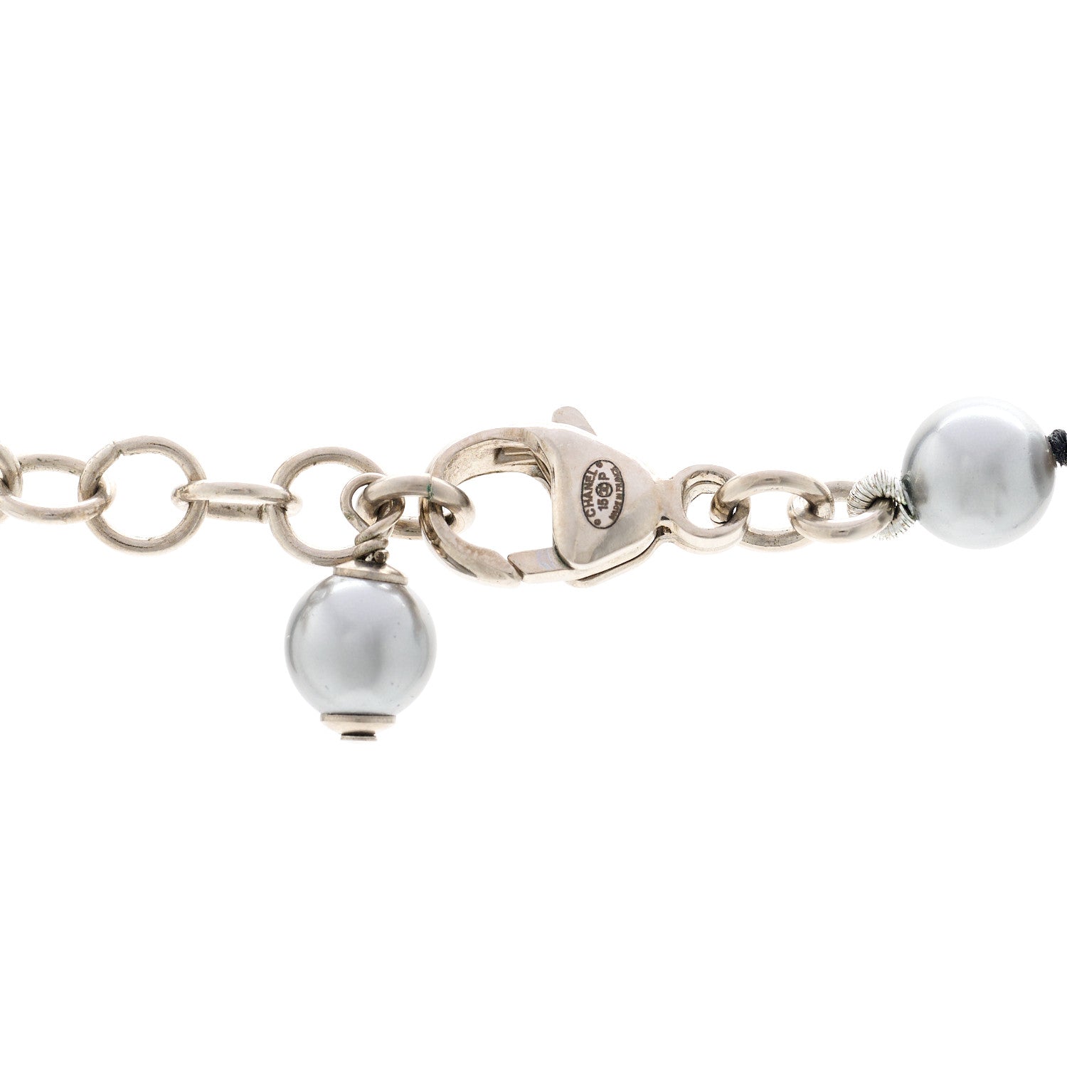 Chanel Crystal Baguette Graduated Pearl CC Short Necklace Silver Grey 5 of 5