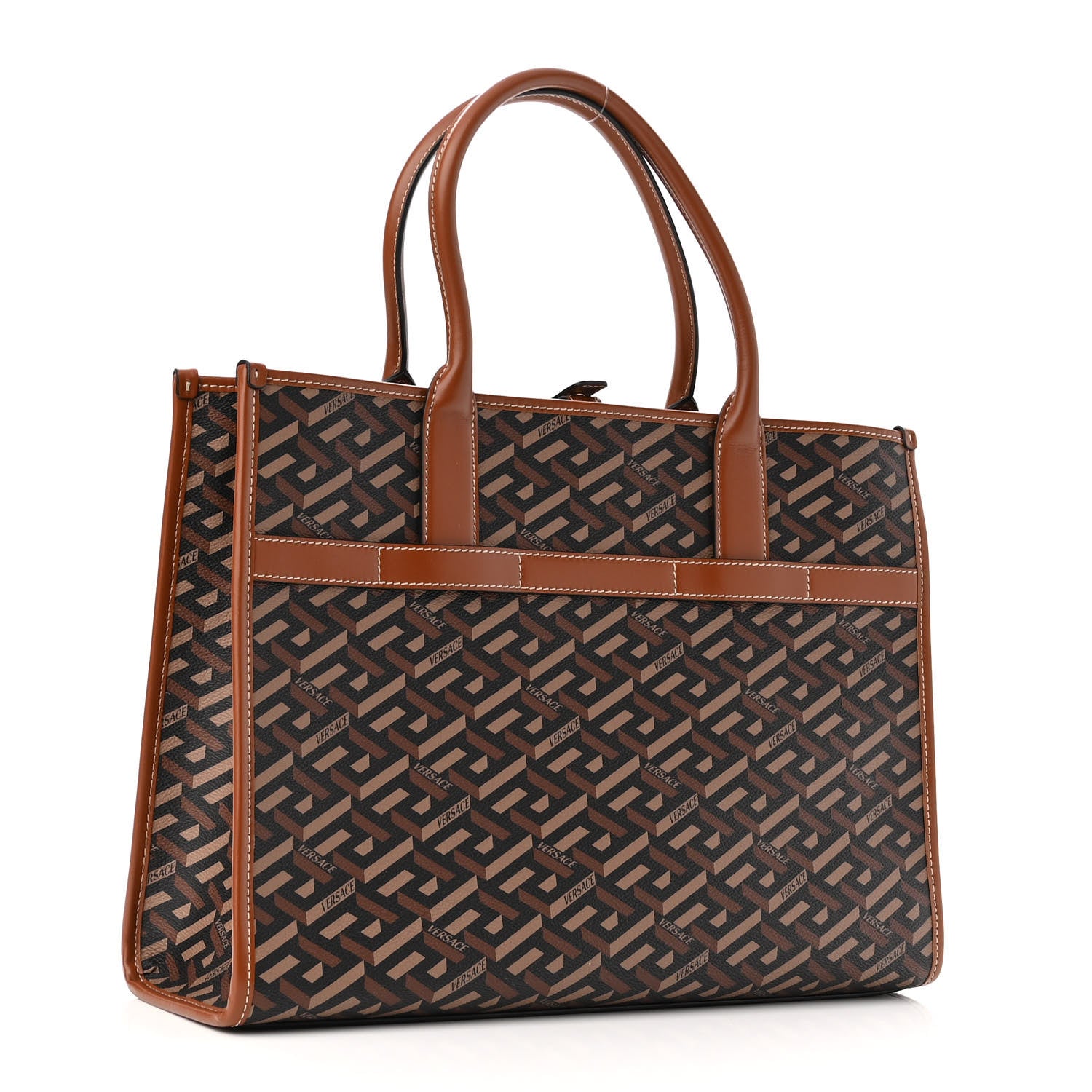 Versace Coated Canvas Calfskin La Greca Signature Tote Bag Black Caramel 3 of 9