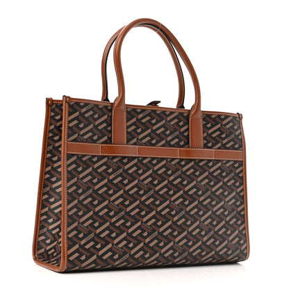 Versace Coated Canvas Calfskin La Greca Signature Tote Bag Black Caramel 3 of 9