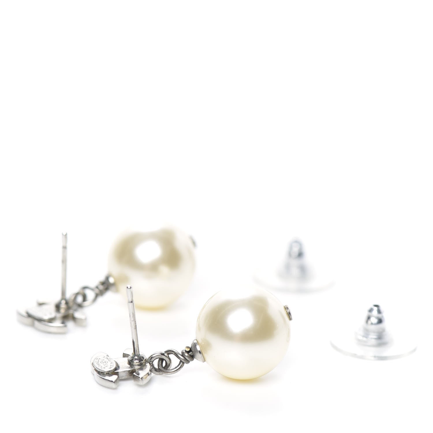 Chanel Crystal Pearl CC Drop Earrings Silver Pearly White 4 of 5