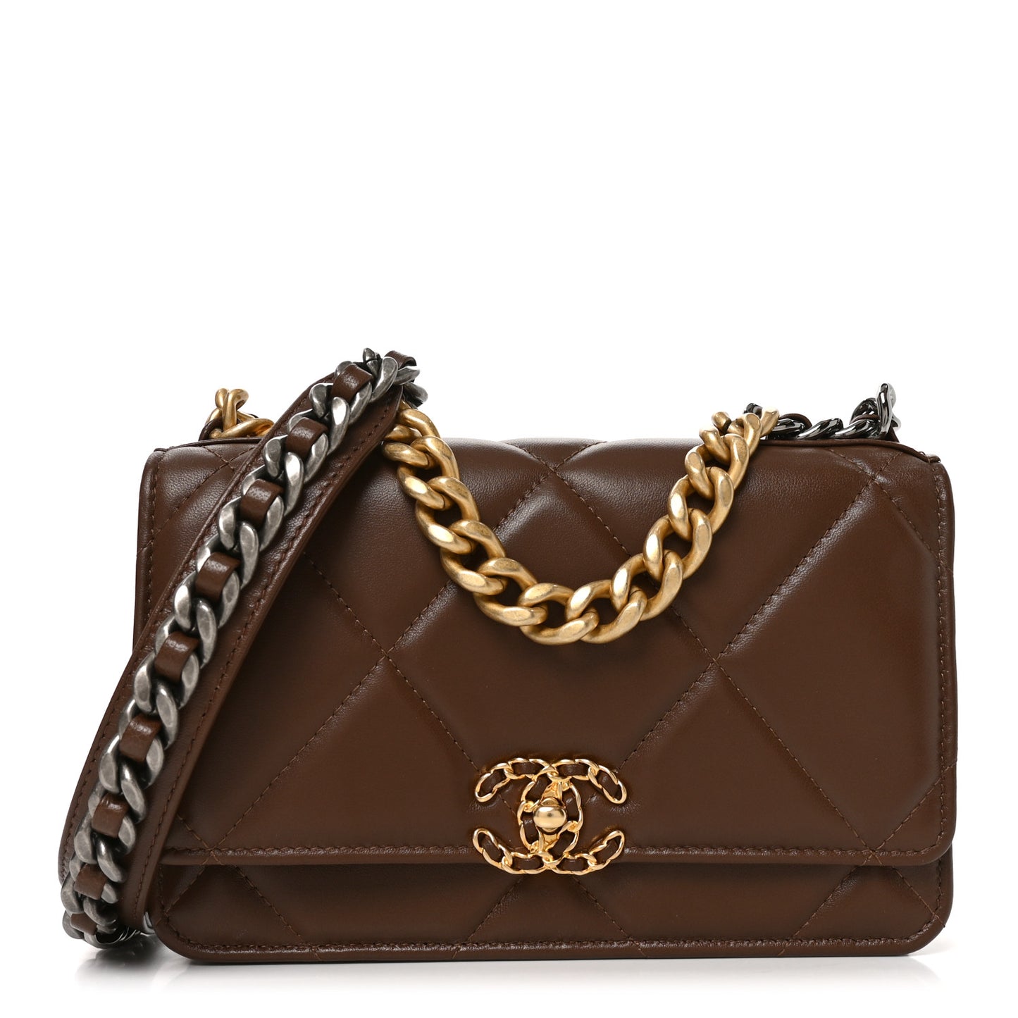 Lambskin Quilted Chanel 19 Wallet On Chain WOC Brown