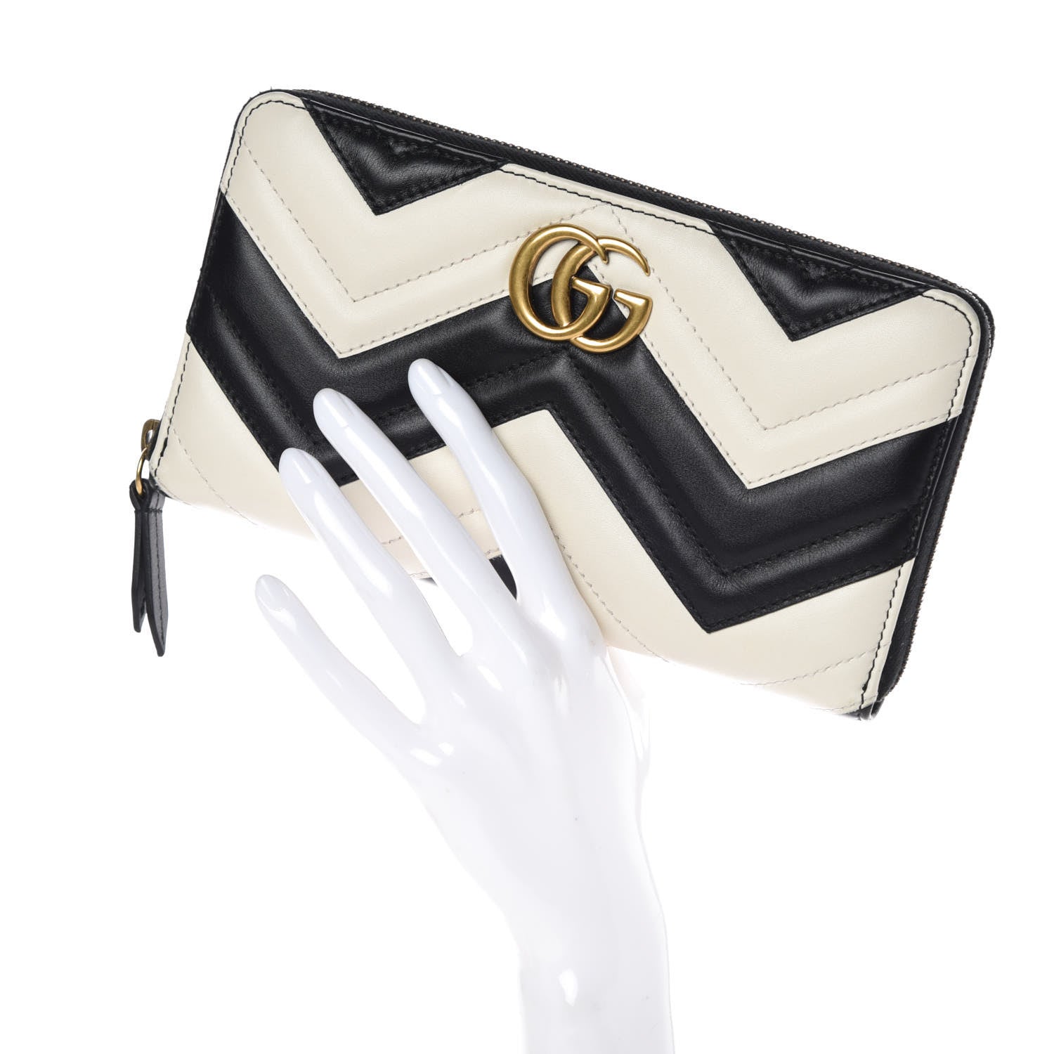 Gucci Calfskin Matelasse GG Marmont Zip Around Organizer Wallet Black White 2 of 7