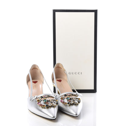 Gucci Metallic Nappa Bamboo Crystal Double G Low Heel Pumps 38 Argento 10 of 10