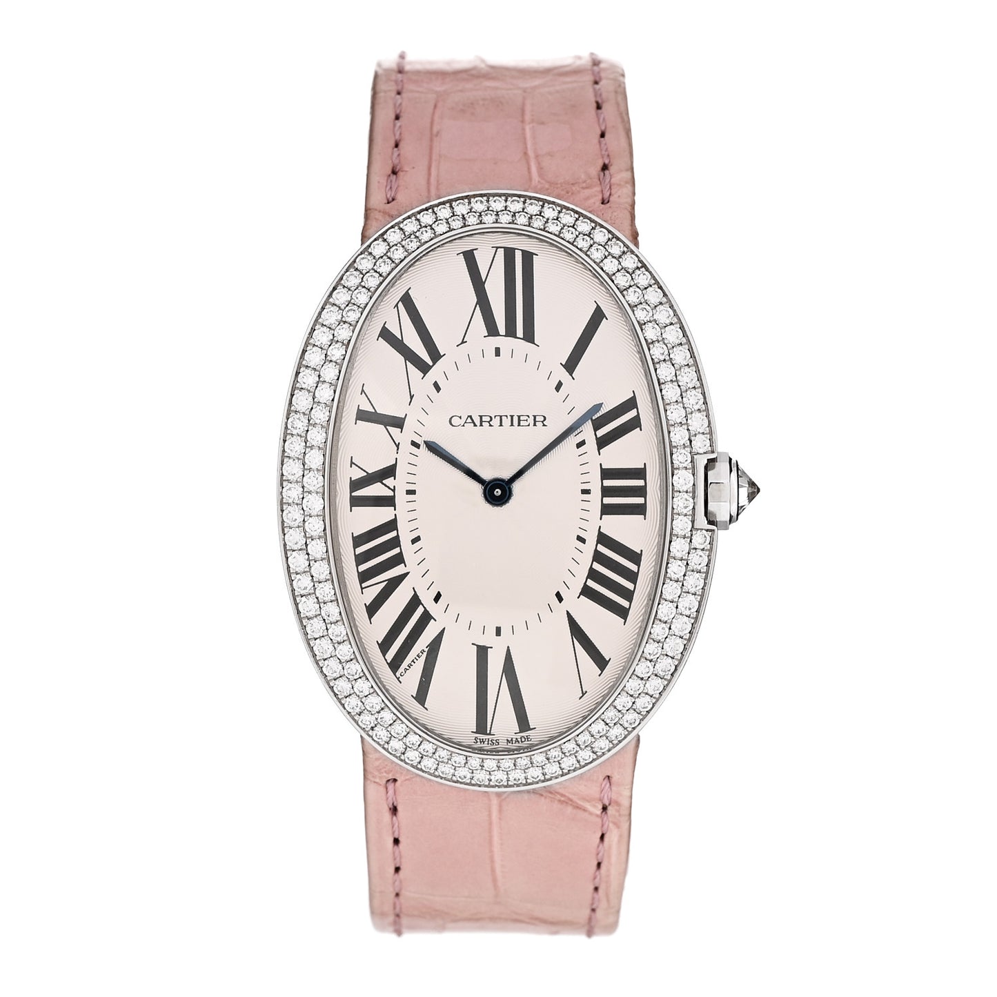 18K White Gold Alligator Diamond Bezel 33mm Baignoire Manual Winding Watch Pink