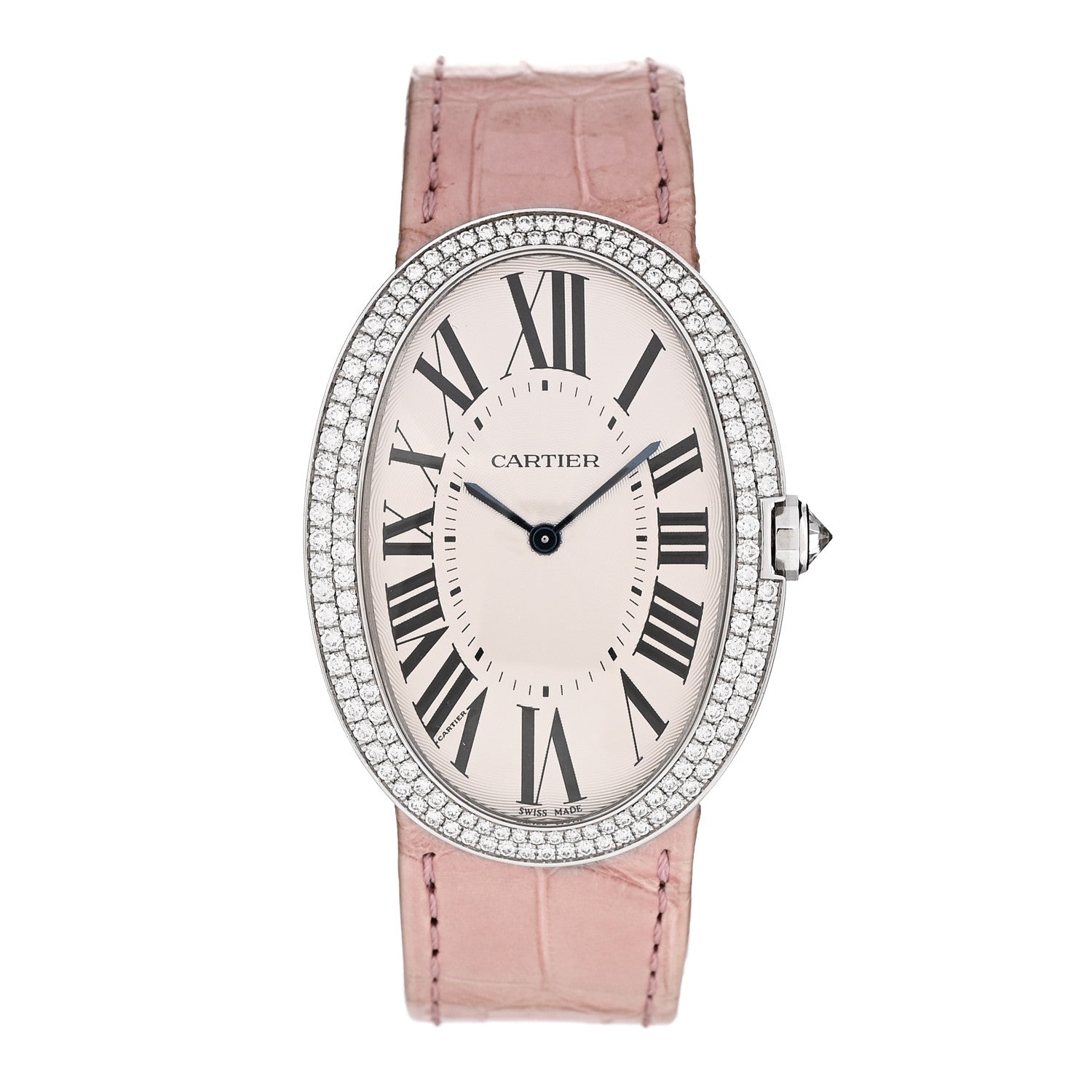 Cartier 18K White Gold Alligator Diamond Bezel 33mm Baignoire Manual Winding Watch Pink 1 of 4