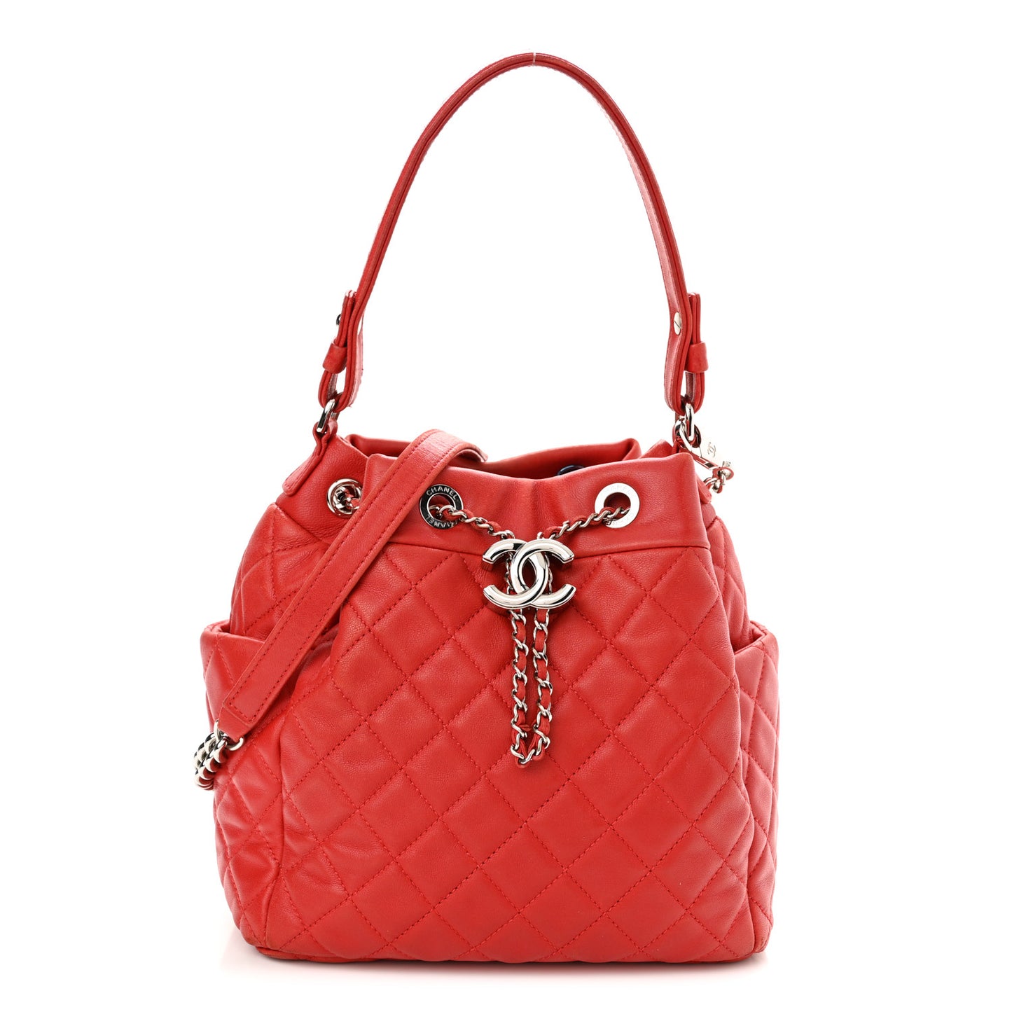 Lambskin Quilted Small CC Chain Drawstring Bucket Bag Red