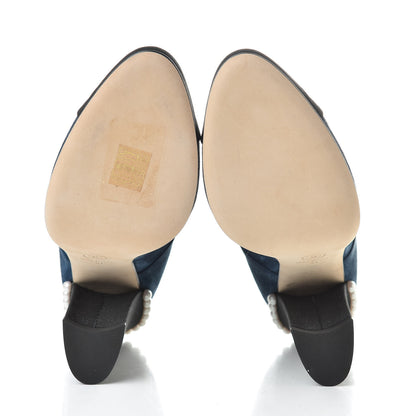 Chanel Suede Grosgrain Pearl Lace Up Booties 41 Dark Blue Black 6 of 10