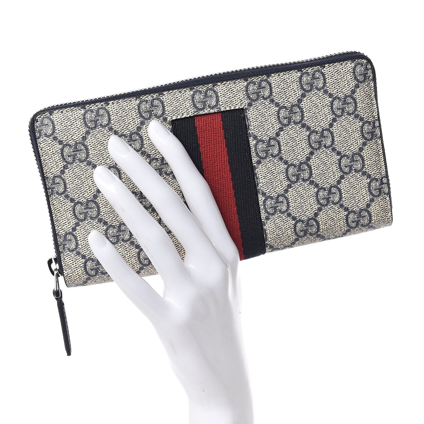 GG Supreme Monogram Web Zip Around Wallet Beige Blue