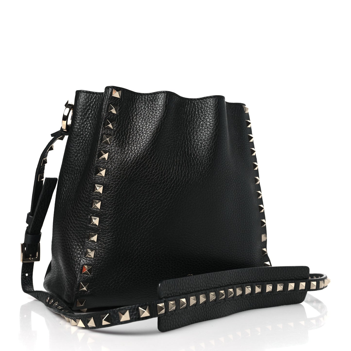 Grained Calfskin Rockstud Bucket Bag Black