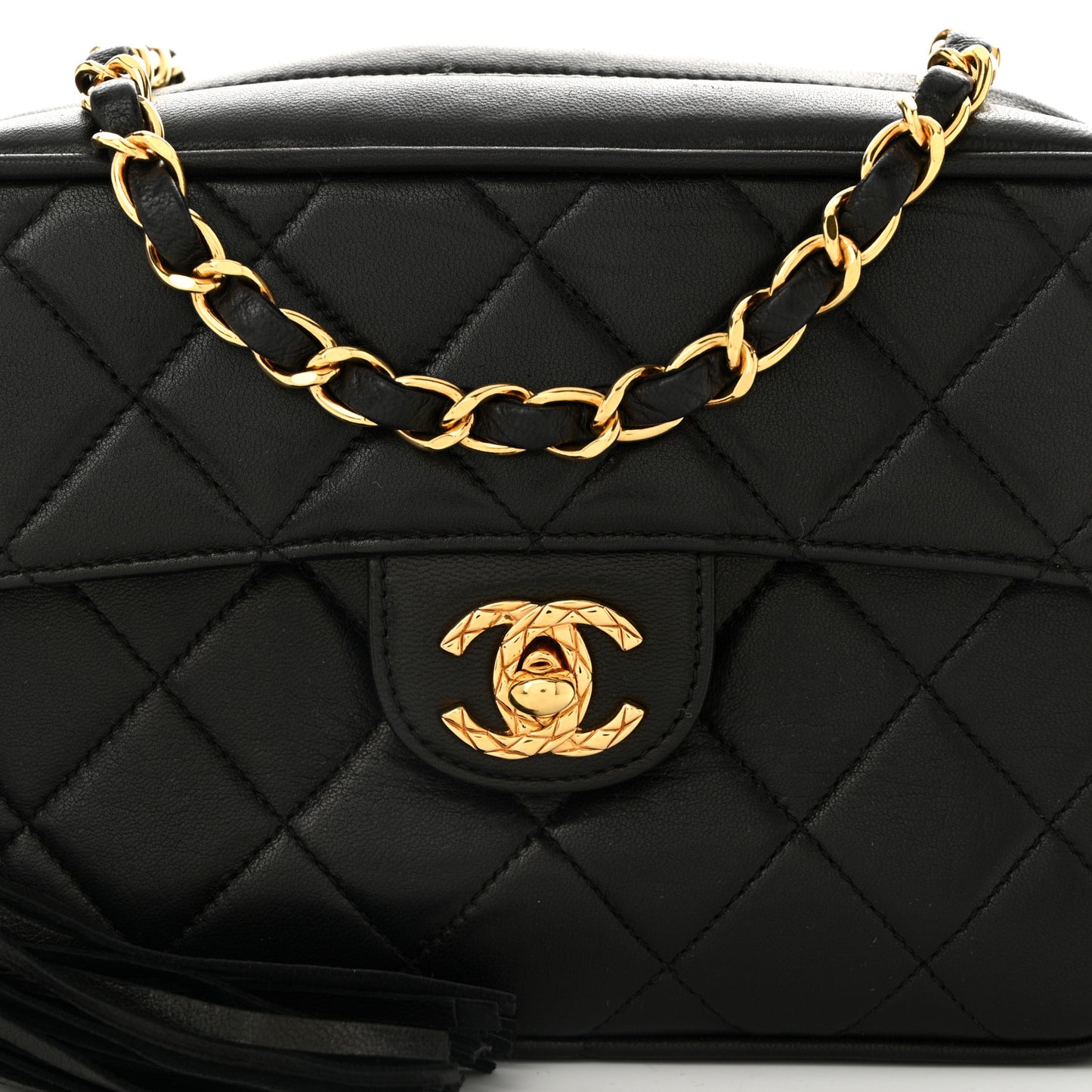 Lambskin Quilted Flap Camera Tassel Case Black