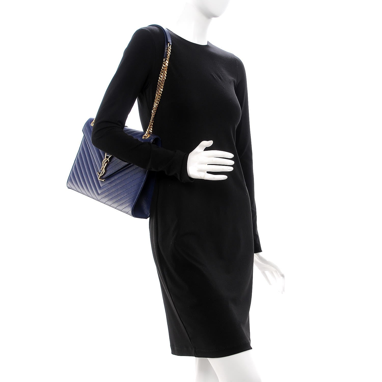 Saint Laurent Grain De Poudre Matelasse Chevron Large Monogram Satchel Blue 3 of 8