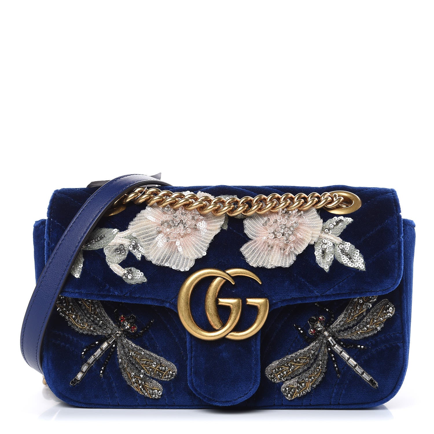 Gucci Velvet Matelasse Embroidered Mini GG Marmont Shoulder Bag Cobalt Blue 1 of 9